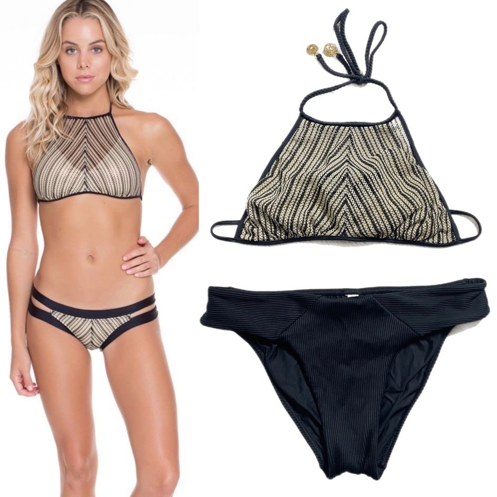 Luli Fama Desert Babe High Neck Halter Top & Black Ribbed Bottoms Bikini S